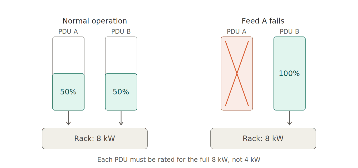Each surviving power path must carry the entire rack.